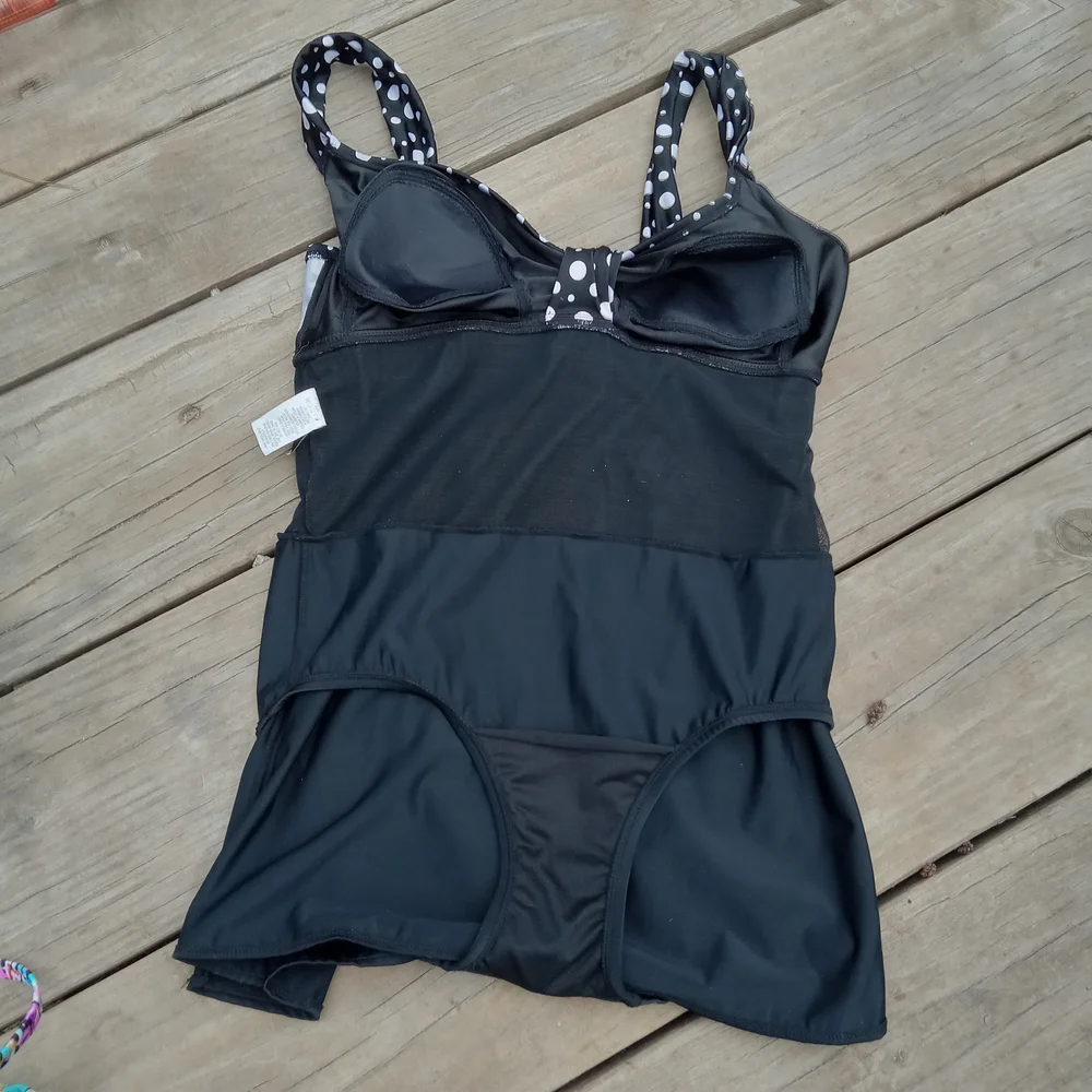 Black White Polka Dot One Piece Swim Dress Women's Size 12